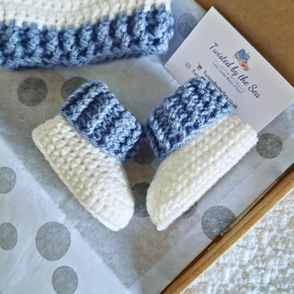 Newborn Baby Gift Set – Blue & White Crochet Hat and Booties - Twisted by the Sea