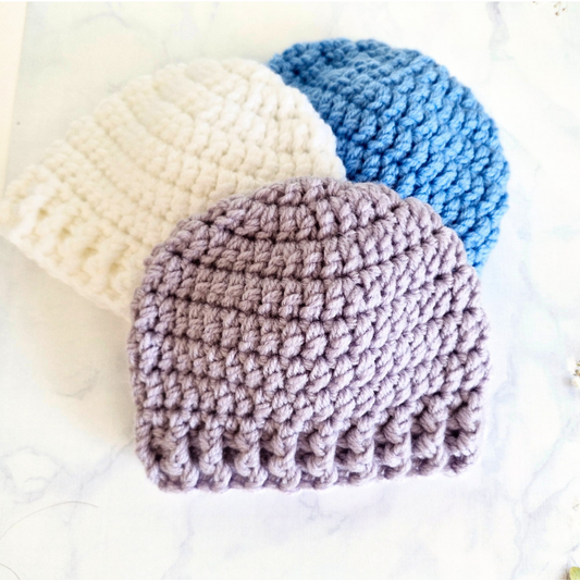 Handmade Crochet Baby Beanie Hat – Handmade, Sizes Newborn to 12 Months – Beanie Hat crafted in soft acrylic yarn and available in multiple colours by Twisted by the Sea.