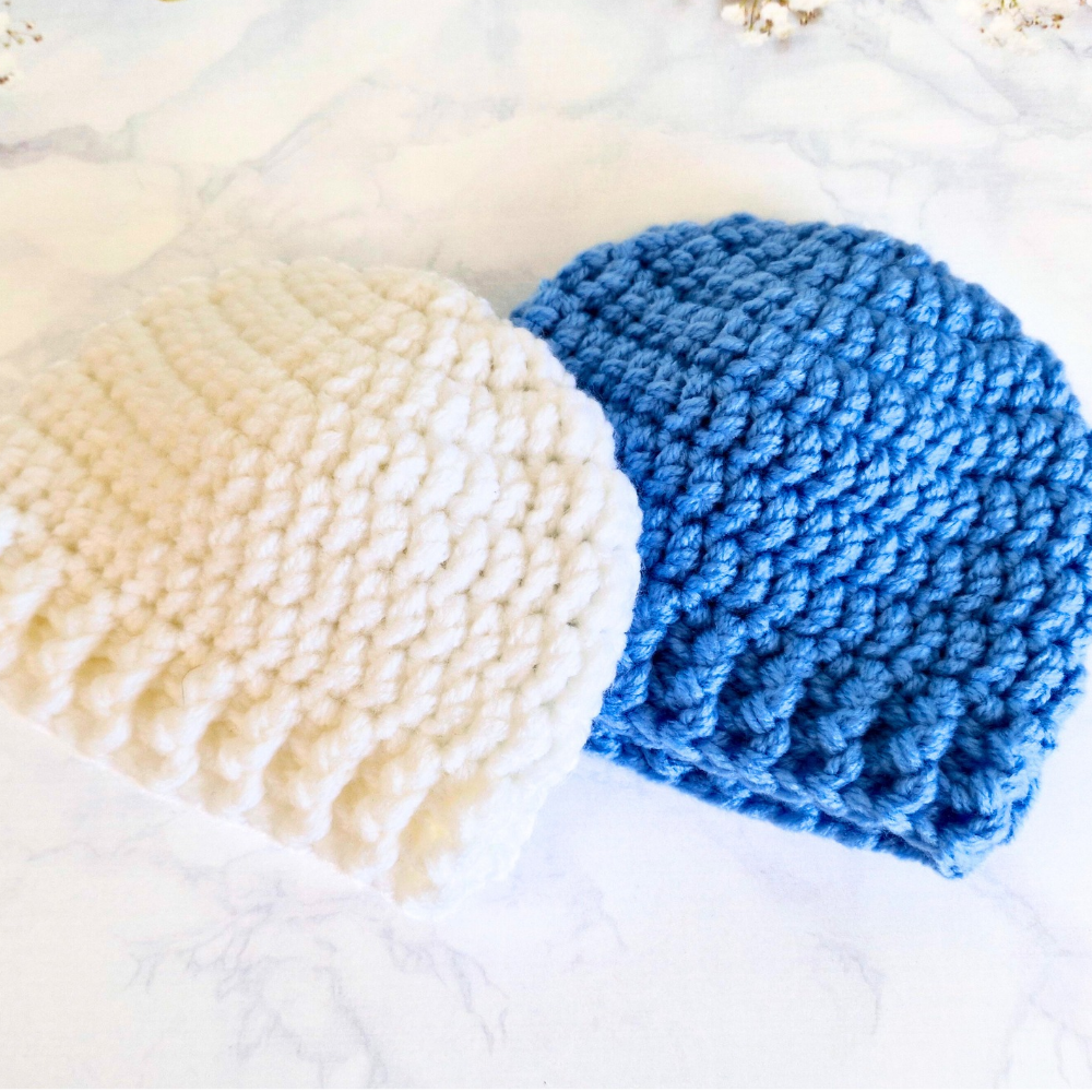 Handmade Crochet Baby Beanie Hat – Handmade, Sizes Newborn to 12 Months – Beanie Hat crafted in soft acrylic yarn and available in multiple colours by Twisted by the Sea.