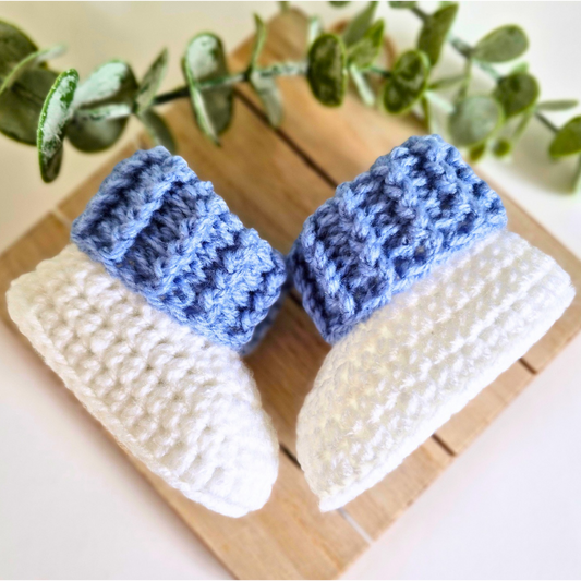 Handmade Crochet Cuffed Baby Booties – Newborn to 6 Months – Baby Booties crafted in soft acrylic yarn and available in multiple colours by Twisted by the Sea.