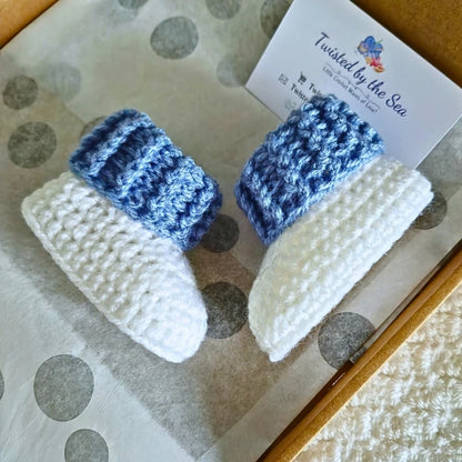Newborn Baby Gift Set – Blue & White Crochet Hat and Booties - Twisted by the Sea