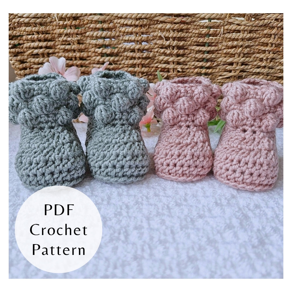 Handmade crochet pattern for bobble baby booties by Twisted by the Sea. Digital PDF download featuring US crochet terms and step-by-step photos. Two pairs shown in  pink and blue.