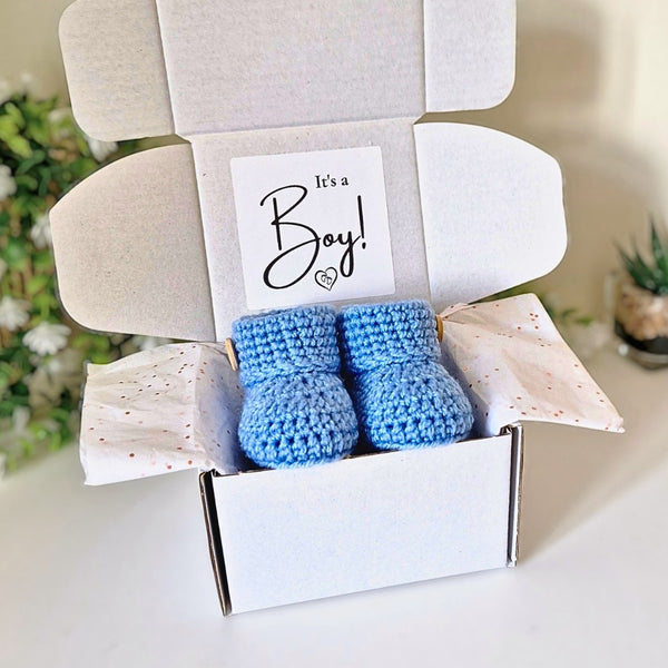Baby Boy Gender Reveal Gift Box with Crochet Baby Booties