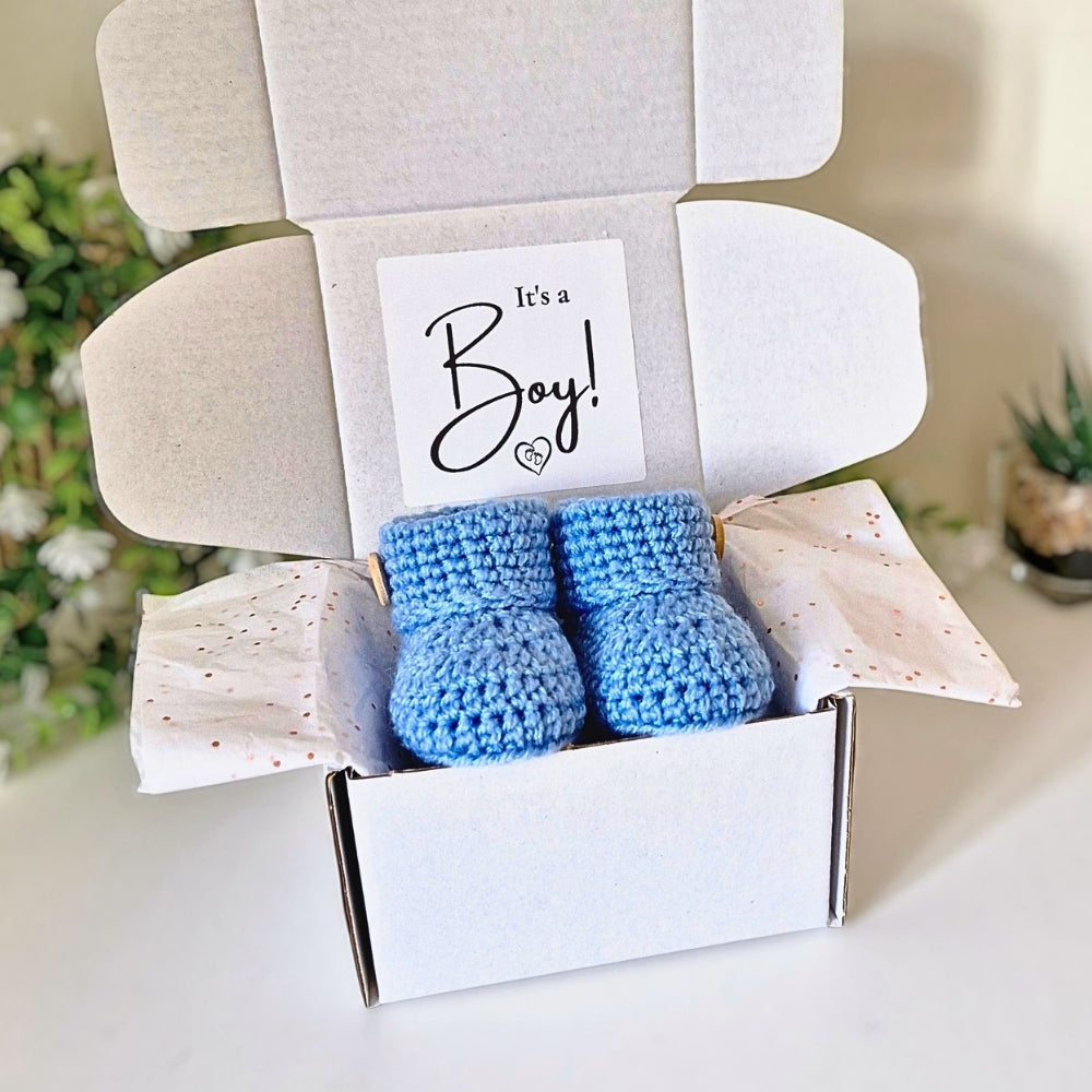 Baby Boy Gender Reveal Gift Box with Crochet Baby Booties