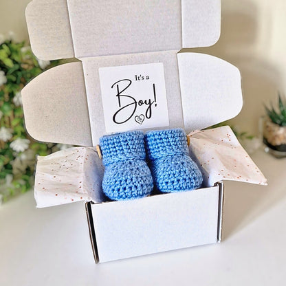 It's a Boy Gender Reveal Gift – Pregnancy Announcement with Crochet Baby Booties