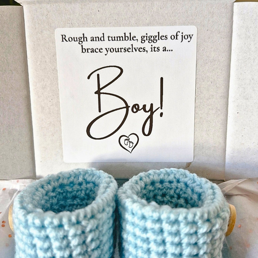 Baby Boy Gender Reveal Gift Box with Crochet Baby Booties