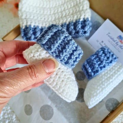 Newborn Baby Gift Set – Blue & White Crochet Hat and Booties - Twisted by the Sea