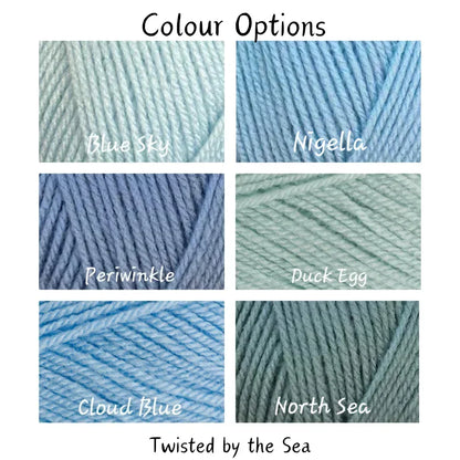 Six yarn color swatches labeled Blue Sky, Nigella, Periwinkle, Duck Egg, Cloud Blue, North Sea