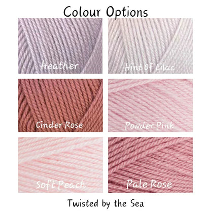 Colour options of soft yarn in six shades: Heather, Hint of Lilac, Cinder Rose, Powder Pink, Soft Peach, Pale Rose