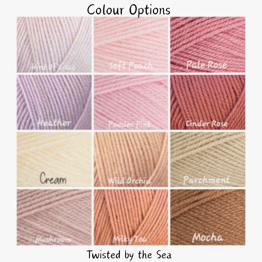 A color options chart for yarn from Twisted by the Sea, showing a 4x3 grid of 12 different yarn color samples including shades of pink, purple, cream, peach, and brown, with names like 'Heather', 'Cream', and 'Mocha' written on each swatch.