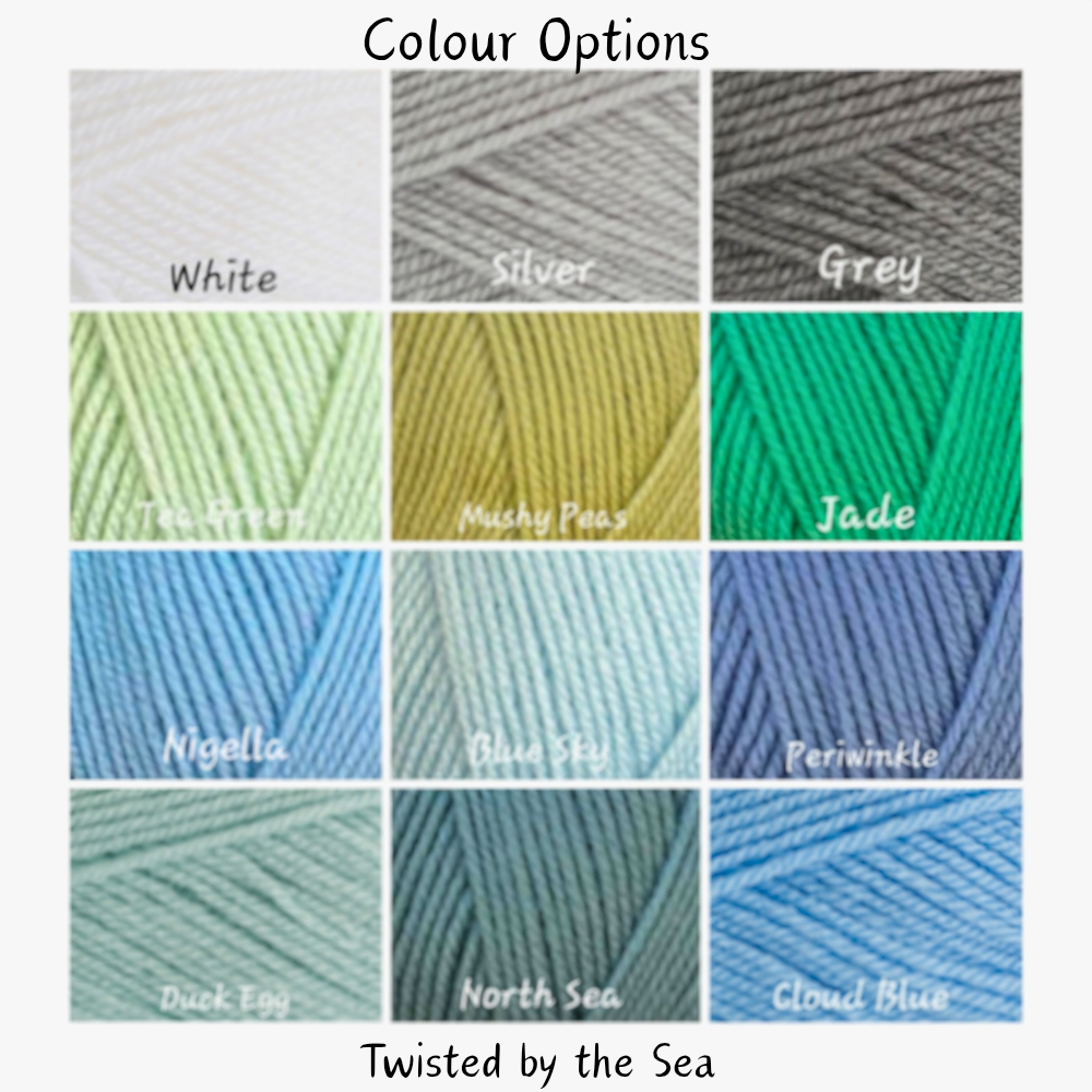 A color options chart for Twisted by the Sea yarn, showing a 4x3 grid of labeled yarn swatches including White, Silver, Grey, Tea Green, Mushy Peas, Jade, Nigella, Blue Sea, Periwinkle, Duck Egg, North Sea, and Cloud Blue.