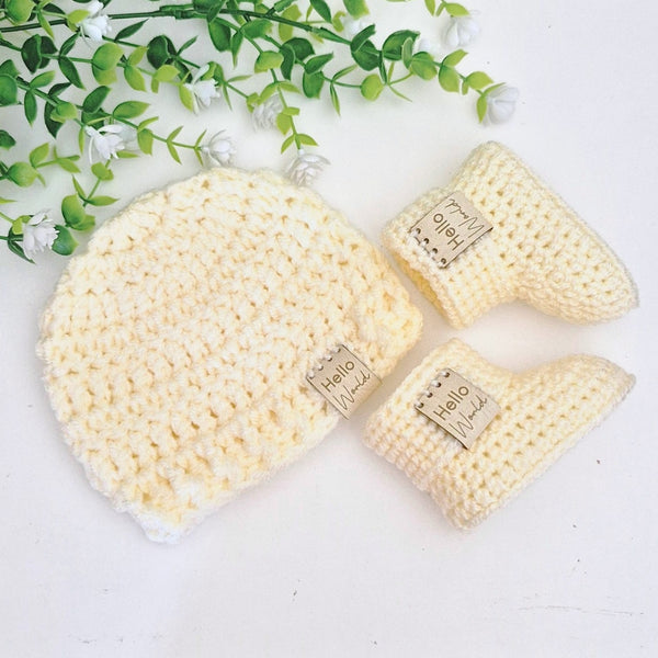 Cream Newborn Crochet Baby Hat & Booties Set - Hello World