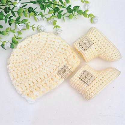 Cream Newborn Crochet Baby Hat & Booties Set - Hello World