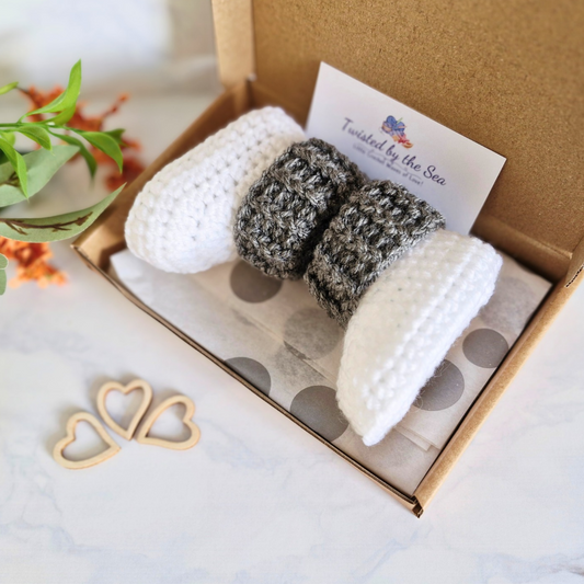 Handmade Handmade White Crochet Baby Booties with Coloured Cuff – Newborn Gift Idea – Baby Booties crafted in soft acrylic yarn and available in multiple colours by Twisted by the Sea.