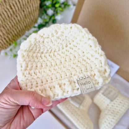 Cream Newborn Crochet Baby Hat & Booties Set - Hello World
