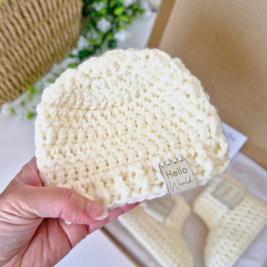 Cream Newborn Crochet Baby Hat & Booties Set - Hello World