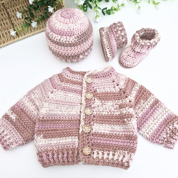 Handmade Crochet Newborn Baby Gift Set - Pink Cardigan, Hat & Booties