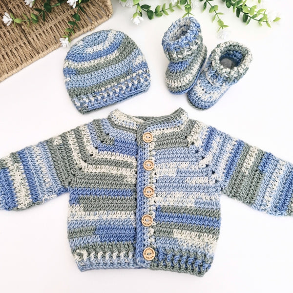 Handmade Crochet Newborn Baby Gift Set - Blue Cardigan, Hat & Booties