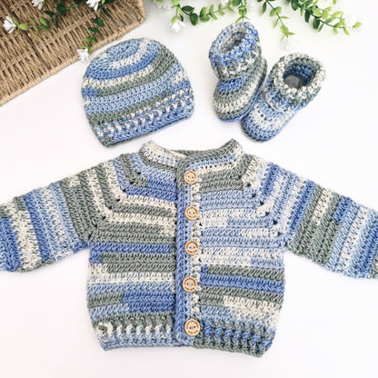 Handmade Crochet Newborn Baby Gift Set - Blue Cardigan, Hat & Booties