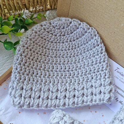 Silver Newborn Crochet Baby Hat & Booties Set Puff Stitch
