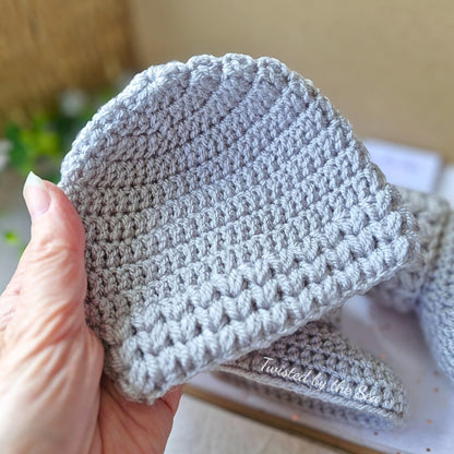 Silver Newborn Crochet Baby Hat & Booties Set Puff Stitch