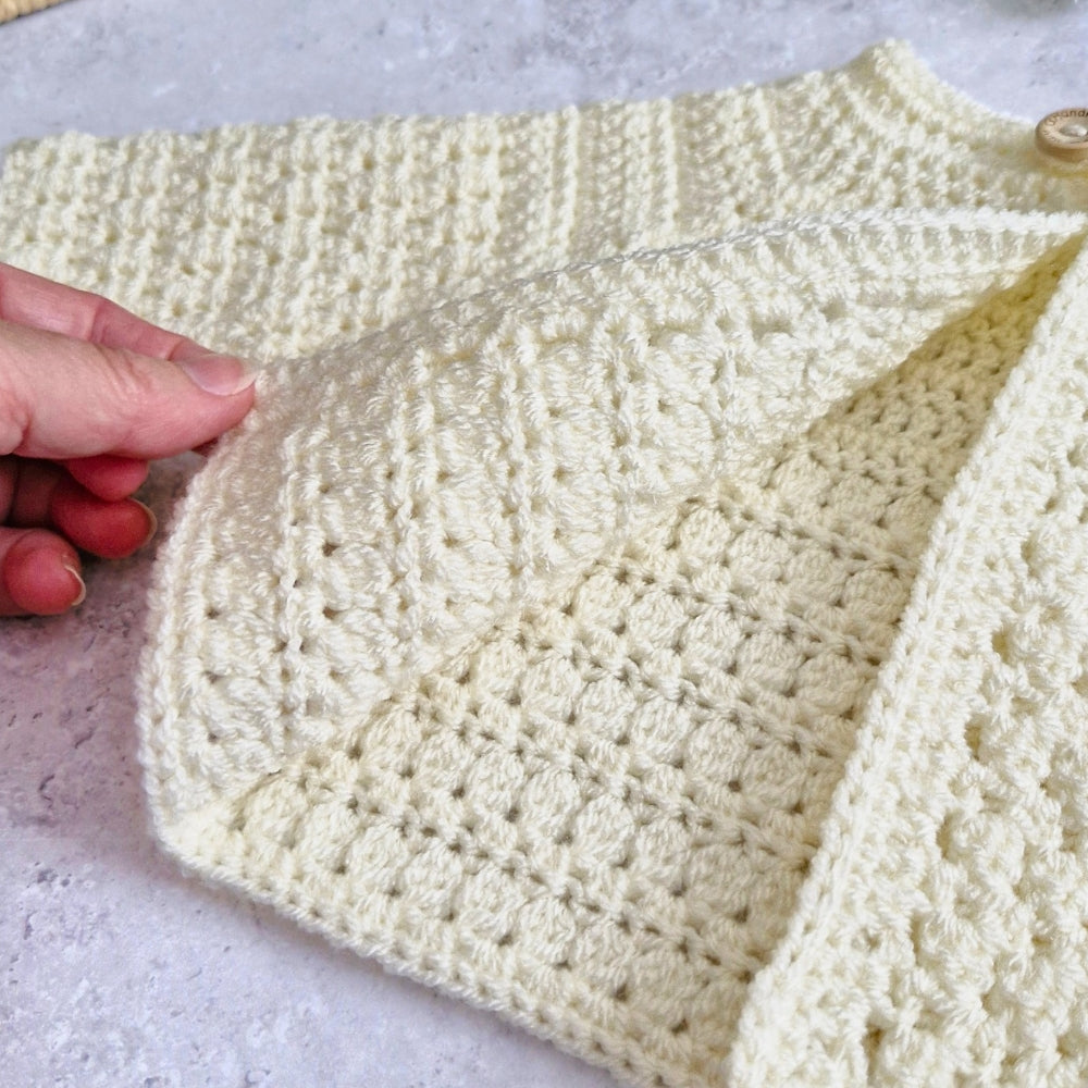 Textured Crochet Baby Cardigan – Newborn to 24 Months