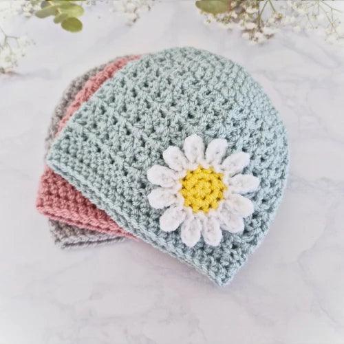  Handmade crochet newborn baby hats in blue, pink, and gray with a white daisy flower embellishment