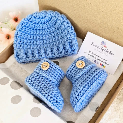 Handmade Crochet Baby Gift Set – Beanie Hat & Booties with Cute Button Detail (Newborn to 6 Months) - Twisted by the Sea