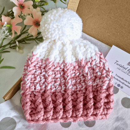 Ombre Crochet Pom Pom Baby Hat in pale rose and white - Twisted by the Sea