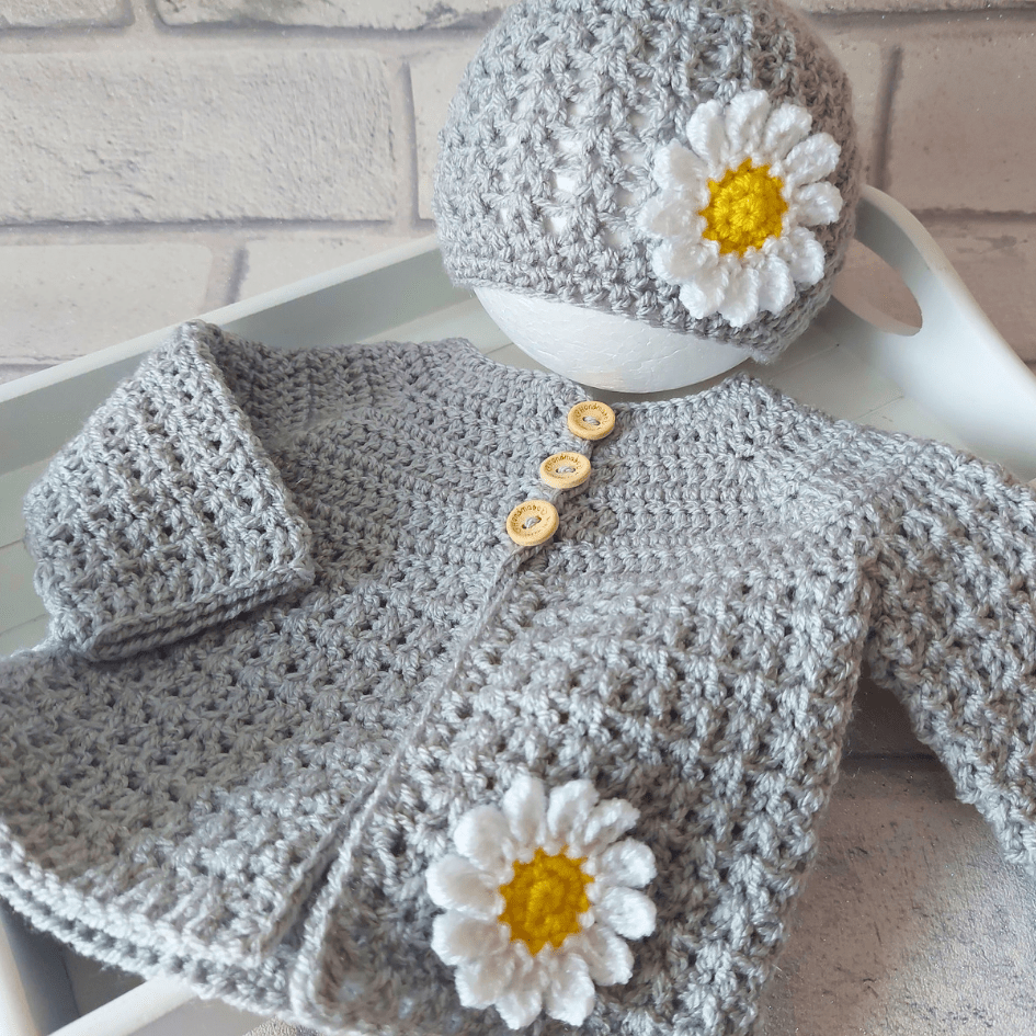 Crochet Hat and Cardigan Daisy Set, 12 to 24 Months - Twisted by the Sea