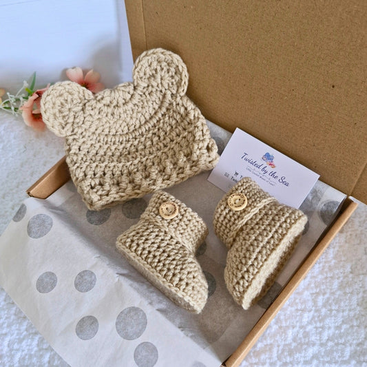 Handmade Crochet Teddy Bear Hat and Bootie Set – Newborn to 6m