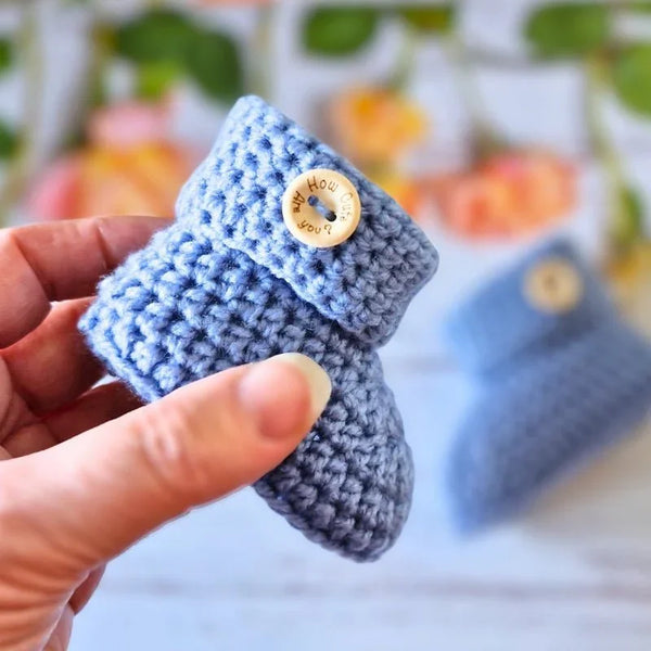 Handmade Crochet Baby Booties with ‘How Cute Are You?’ Wooden Buttons - Twisted by the Sea