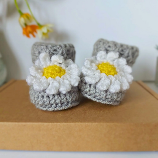 Handmade Handmade Daisy Crochet Baby Booties – Baby Booties crafted in soft acrylic yarn and available in multiple colours by Twisted by the Sea.