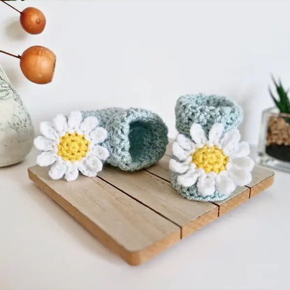 Handmade Daisy Crochet Baby Booties in duck egg blue