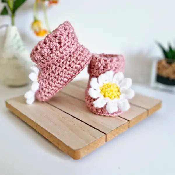 Handmade Handmade Daisy Crochet Baby Booties – Baby Booties crafted in soft acrylic yarn and available in multiple colours by Twisted by the Sea.
