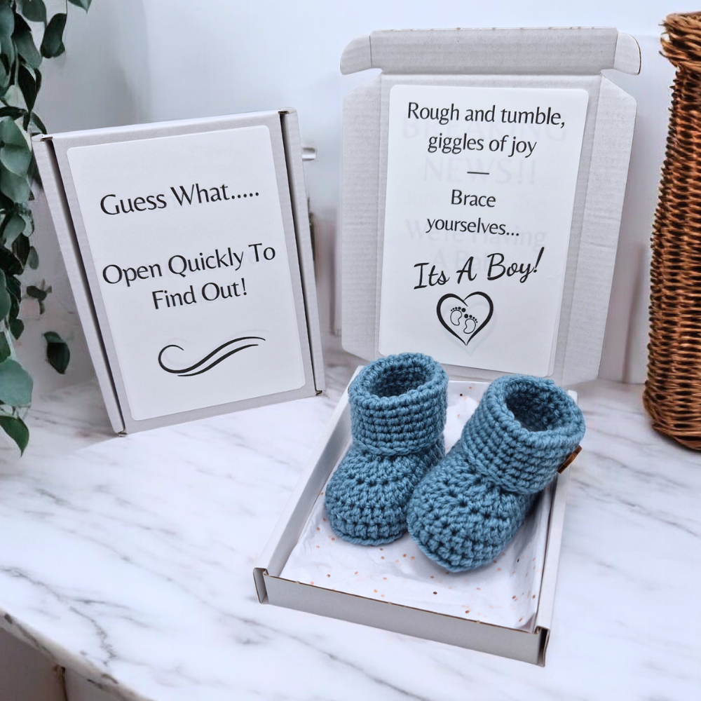 Gender Reveal Gift | It's A Boy Crochet Baby Bootie Reveal - Twisted by the Sea