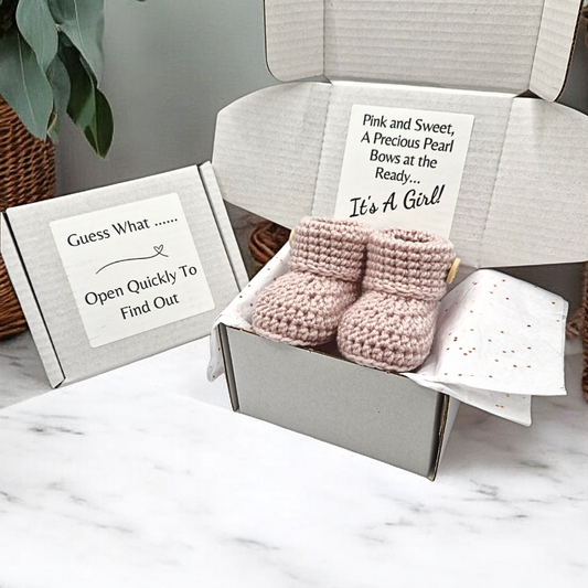 Gender Reveal Gift | It's A Girl Crochet Baby Bootie Reveal - Twisted by the Sea