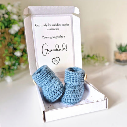 Blue baby booties in a box with a card announcing the expectation of being a grandad, on a blurred background.