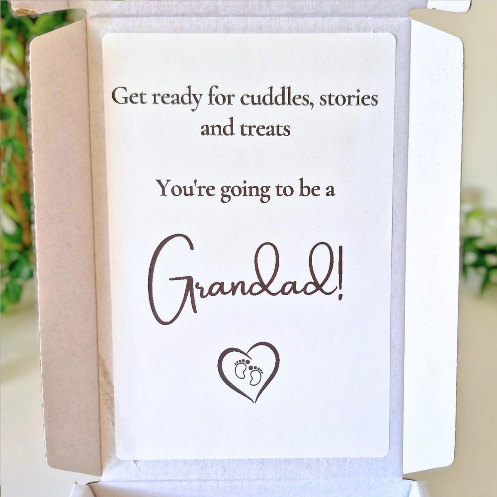 Card with text 'Get ready for cuddles, stories and treats. You're going to be a Grandad!' on a white background.