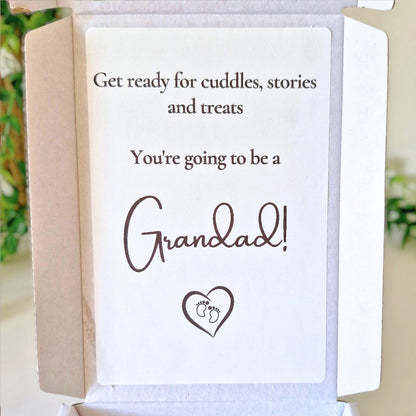 Card with text 'Get ready for cuddles, stories and treats. You're going to be a Grandad!' on a white background.