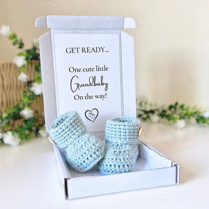 Grandparent to be pregnancy announcement gift with newborn crochet baby booties