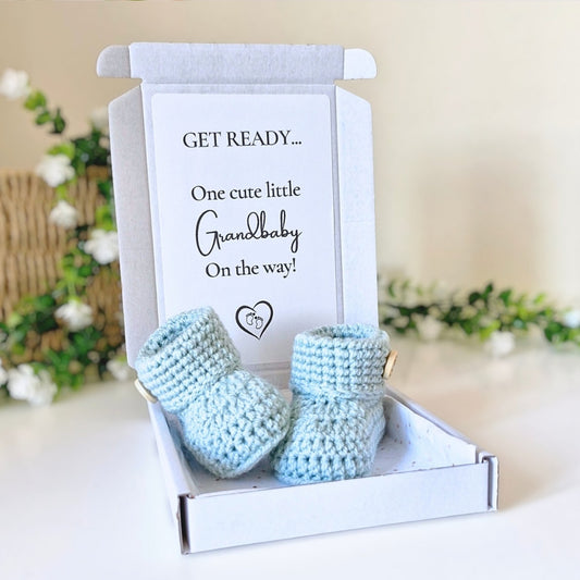 Grandparent to be pregnancy announcement gift with newborn crochet baby booties
