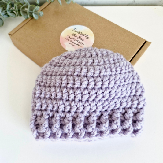 Handmade Crochet Baby Beanie Hat – Handmade, Sizes Newborn to 12 Months – Beanie Hat crafted in soft acrylic yarn and available in multiple colours by Twisted by the Sea.
