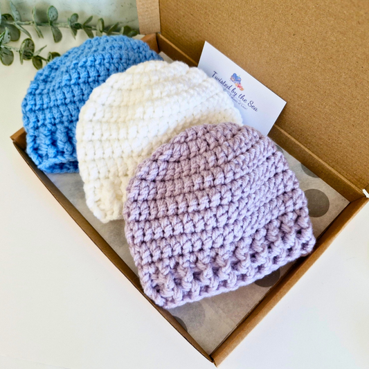 Handmade Crochet Baby Beanie Hat – Handmade, Sizes Newborn to 12 Months – Beanie Hat crafted in soft acrylic yarn and available in multiple colours by Twisted by the Sea.