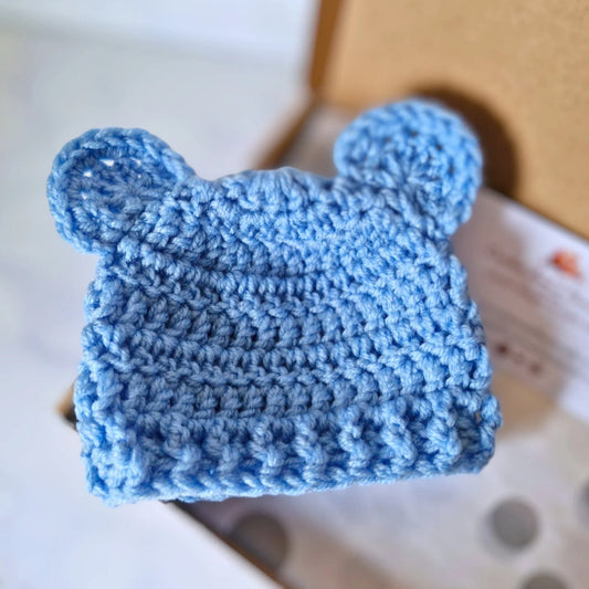 Handmade Blue Crochet Teddy Hat and Bootie Set – 0-6 Months