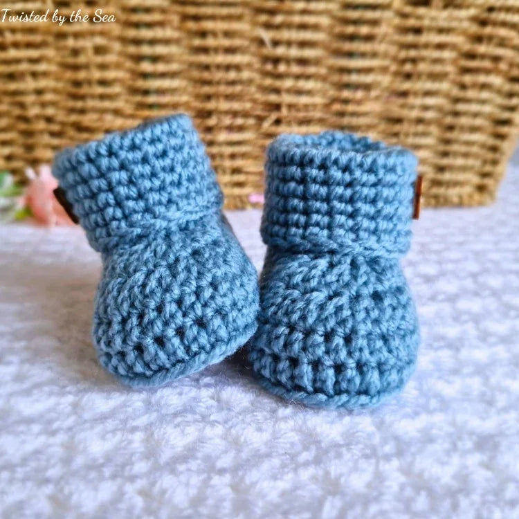 Handmade Crochet Baby Booties with Teddy Button - Sizes Newborn, 0-3 and 3-6 Months - Twisted by the Sea