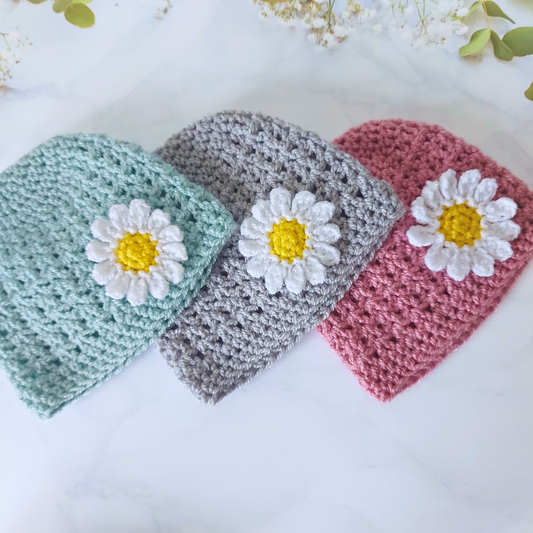 Handmade Crochet Hat and Cardigan Daisy Set, 12 to 24 Months – Hat and Cardigan Set crafted in soft acrylic yarn and available in multiple colours by Twisted by the Sea.