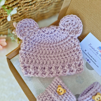 Heather purple chunky crochet teddy bear baby hat with round ears in gift box