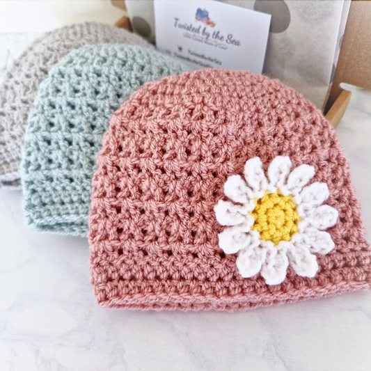 Handmade Infant Daisy Beanie Hat, Sizes 12 to 24 Months – Beanie Hat crafted in soft acrylic yarn and available in multiple colours by Twisted by the Sea.