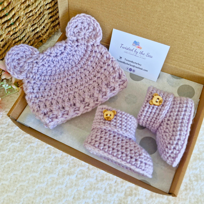 Handmade heather crochet teddy hat with ears and matching booties with teddy buttons, presented in a gift box - Twisted by the Sea 